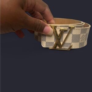 Louis Vuitton Checkered Belt with Gold LV Buckle
